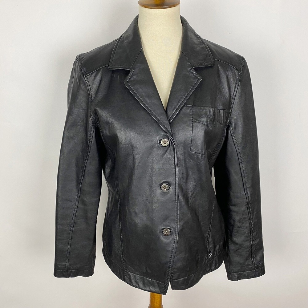 Silver Jeans Womens Black Leather Blazer Jacket‎ Size L Button Front